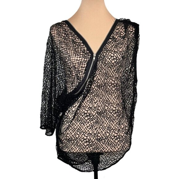 NWT Sugar Lips Black Mesh Fishnet Top Sz.S One Sleeve Sheer Zipper Grunge Goth - Picture 8 of 10